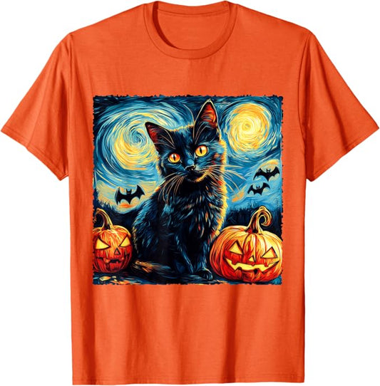 Halloween Black Cat T-Shirt – Starry Night Pumpkin Van Gogh Design