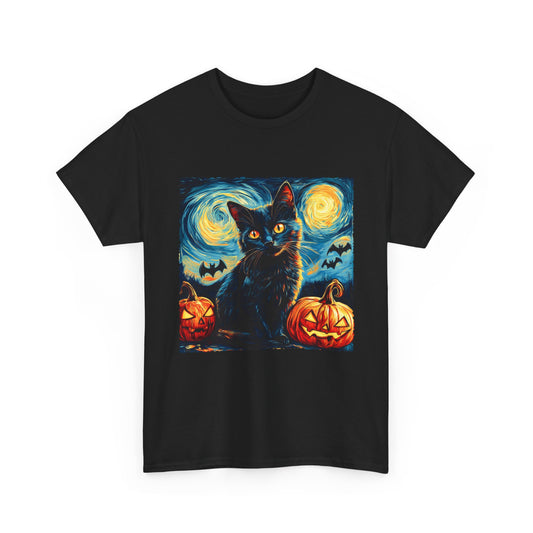 Halloween Black Cat T-Shirt – Starry Night Pumpkin Design_1