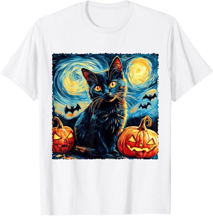 Halloween Black Cat T-Shirt – Starry Night Pumpkin Van Gogh Design