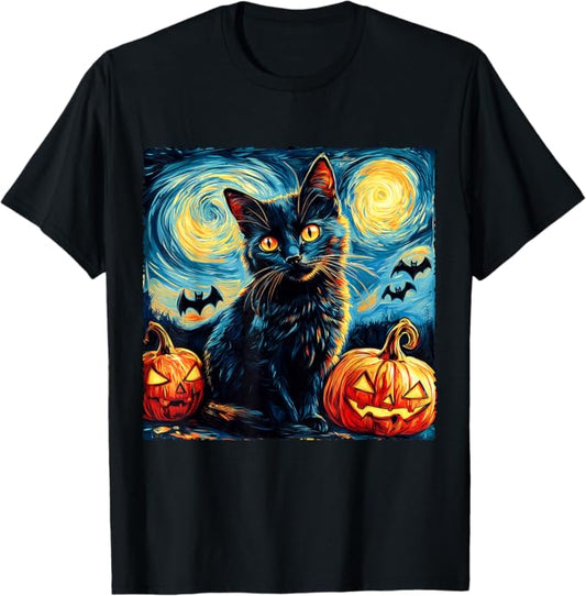 Halloween Black Cat T-Shirt – Starry Night Pumpkin Van Gogh Design